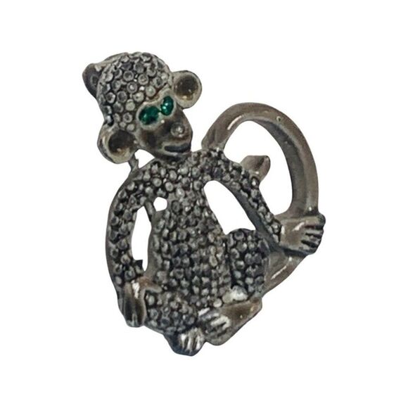 Womens Tiny Gray Texture Enamel Smiling Monkey Green Eyes Vintage Brooch Pin 1” - Picture 2 of 7